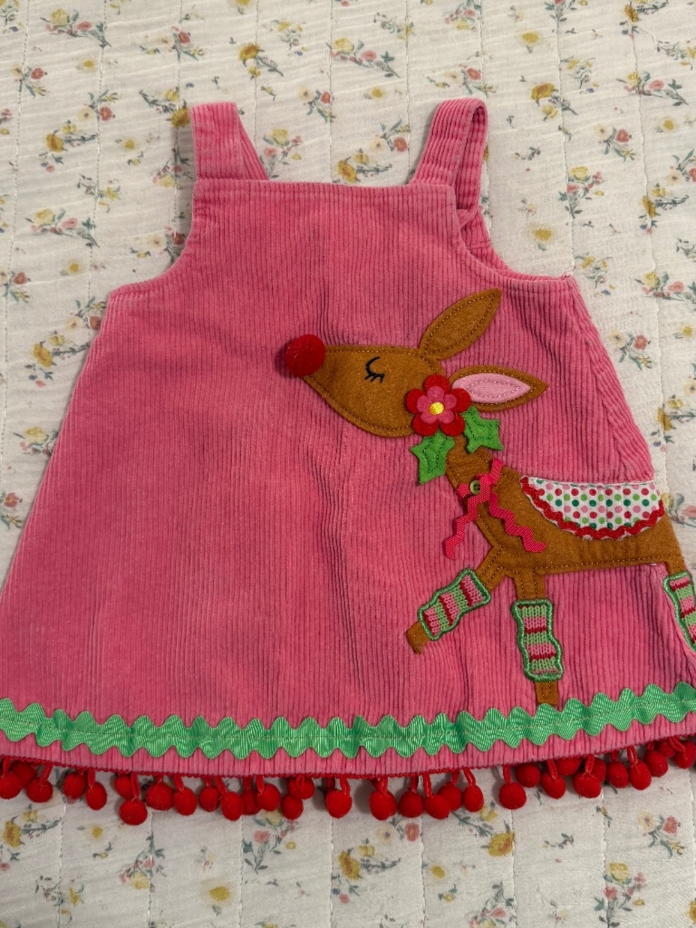 Mud Pie Girl's 24M/2T Pink Corduroy Christmas Reindeer Jumper Dress Holiday Baby